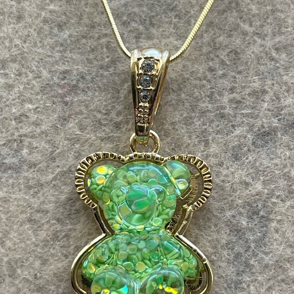 Gold and Green Bear Pendant Necklace - Picture 2 of 4